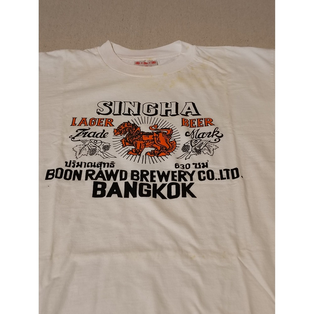Vintage Singha Beer T Shirt Bangkok Brewery Single Stitch Hem White Sz Medium TT - Picture 2 of 9